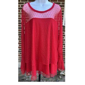 Lane Bryant 26/28 Red Sheer Mesh Blouse Polka Dot Long Sleeve Plus Size
